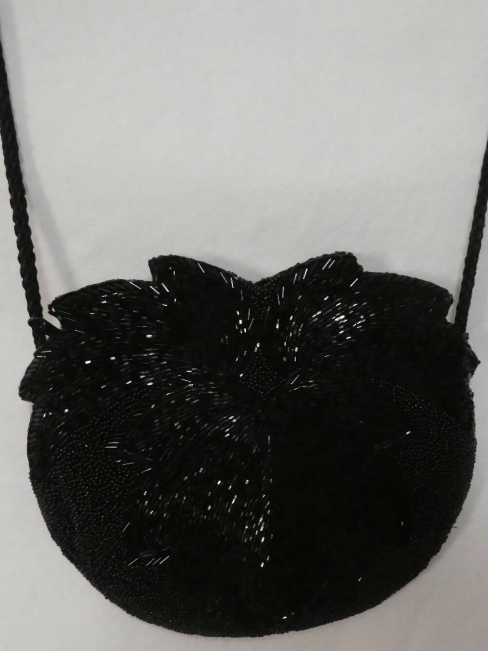 Vintage Black Beaded Evening Bag Leaf Pattern Shoulder Purse Mini - Zip Top